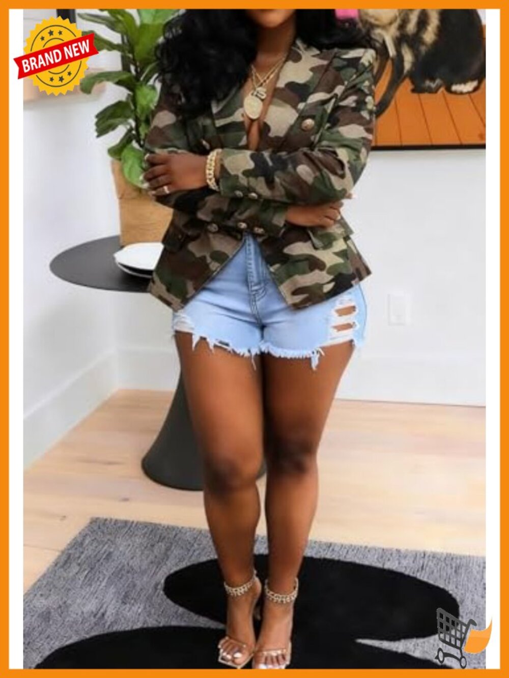 Women's Camo Blazer Jacket Long Sleeve Notch Lapel Double Breasted with Pockets - Picture 3 of 6